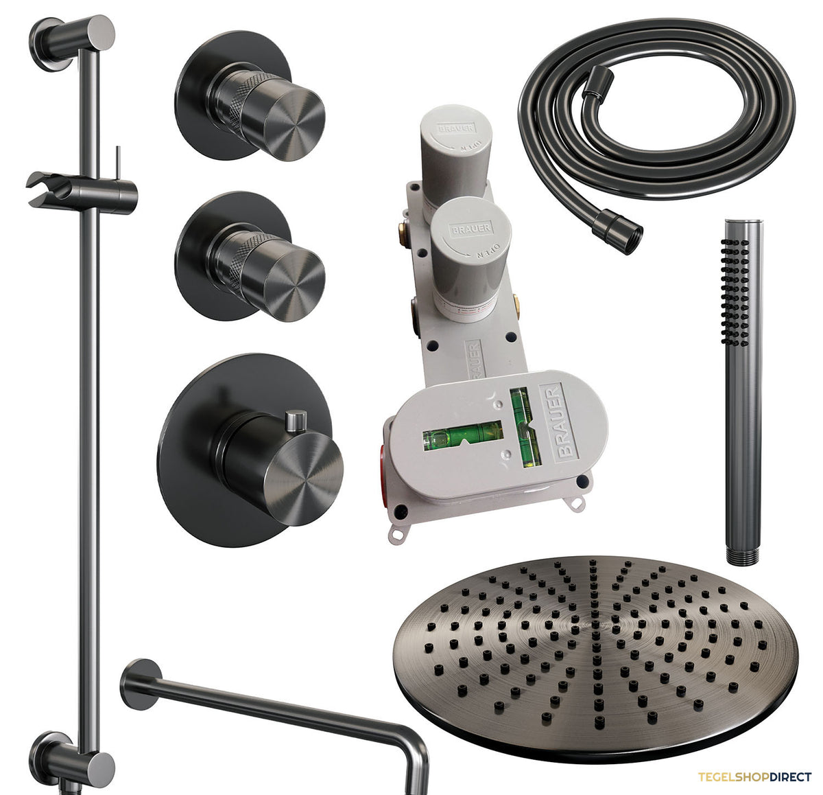 Regendoucheset Inbouw Brauer Gunmetal Edition Thermostatisch 30cm met Gebogen Wandarm, Glijstang en Handdouche Staaf Losse Stopkranen Geborsteld Gunmetal – afbeelding 3