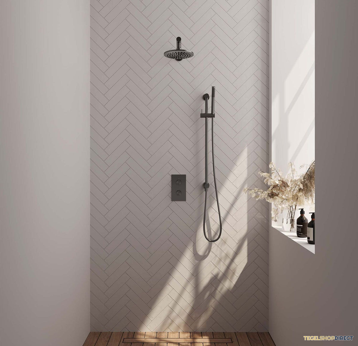 Regendoucheset Inbouw Brauer Gunmetal Carving Thermostatisch 20cm met 3-Weg Omstelling, Wandarm, Glijstang en Staaf Handdouche Geborsteld Gunmetal – afbeelding 2