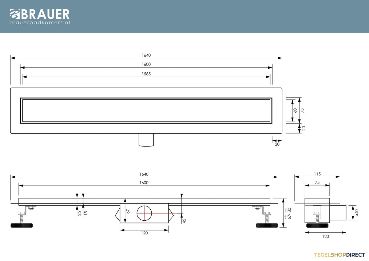 Douchegoot Brauer Zero RVS Inclusief Vloerflens 160x7 cm Tegelinlegrooster Omkeerbaar – afbeelding 5