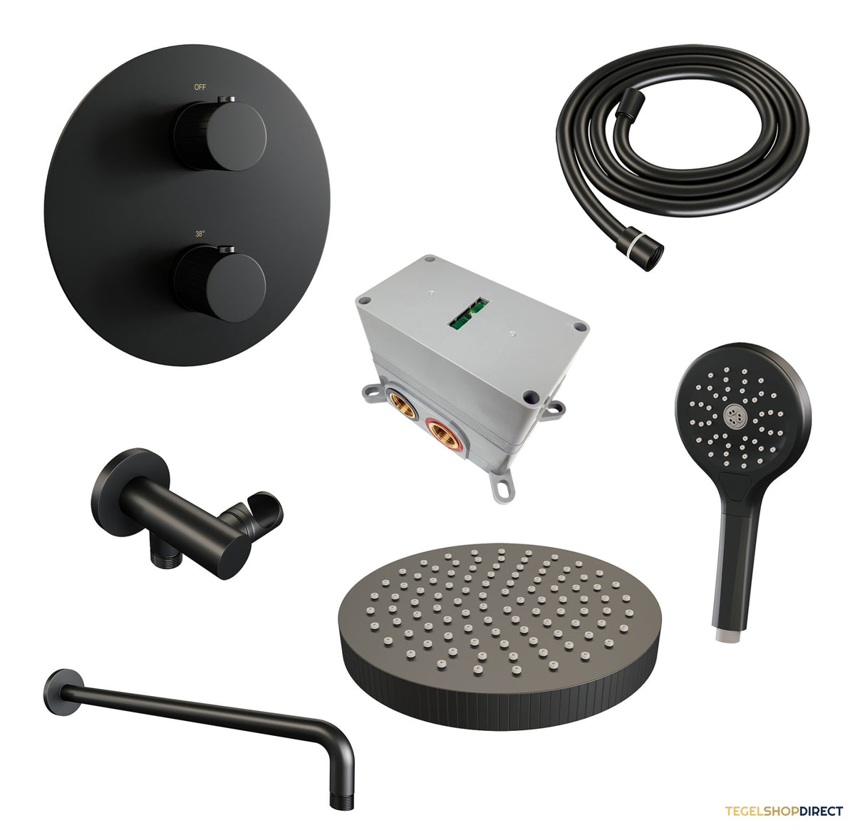 Brauer Stripe thermostatische inbouw regendouche 3-weg rond SET 41 met 25 cm douchekop en gebogen muurarm en 3-standen handdouche en doucheslang en wandaansluitbocht mat zwart – afbeelding 3