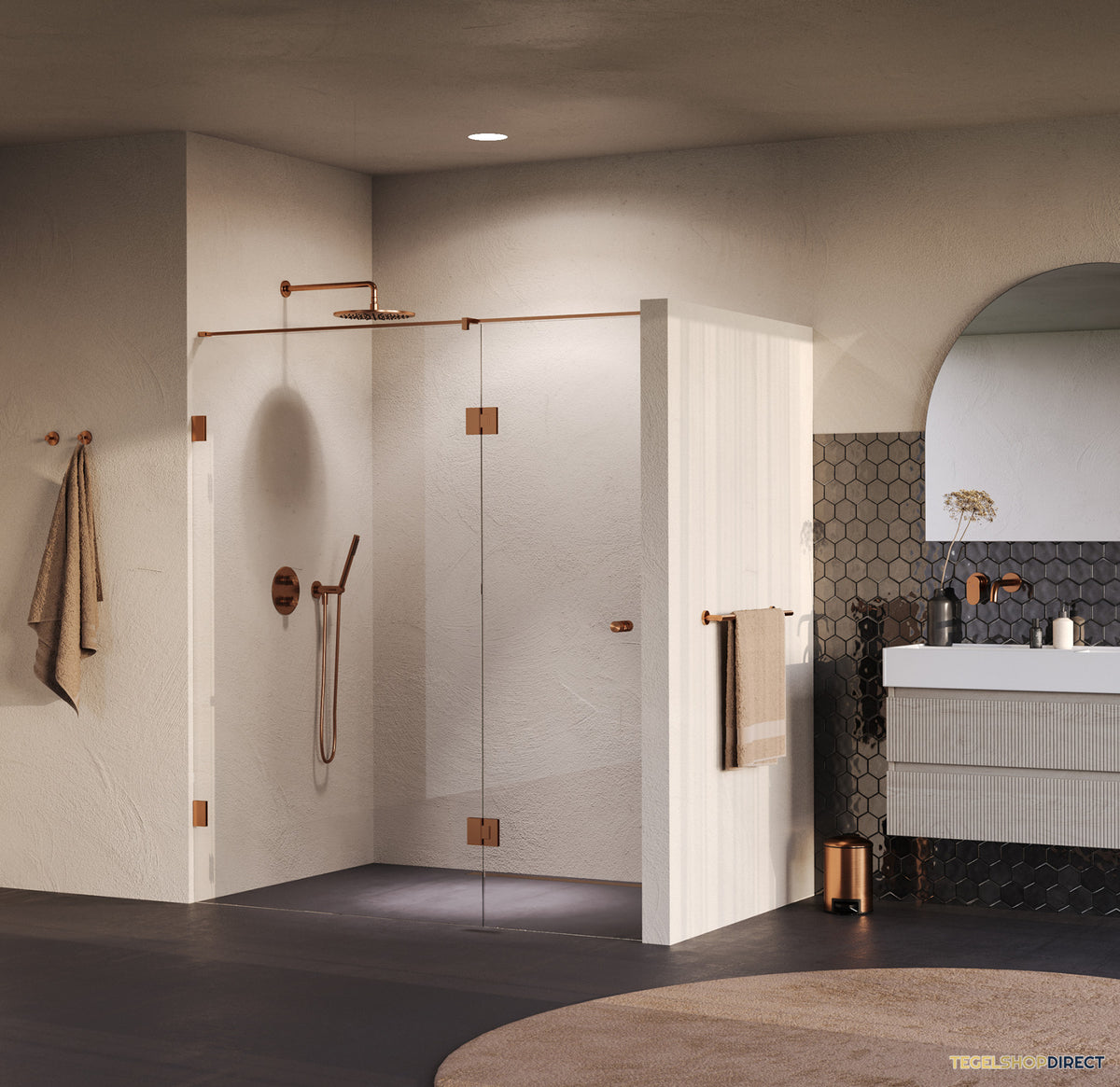 BRAUER Void Carving nisdeur 2-delig helder glas 170x200 omkeerbaar met draaideur 70 aan glas incl. glascoating PVD koper geborsteld – afbeelding 2