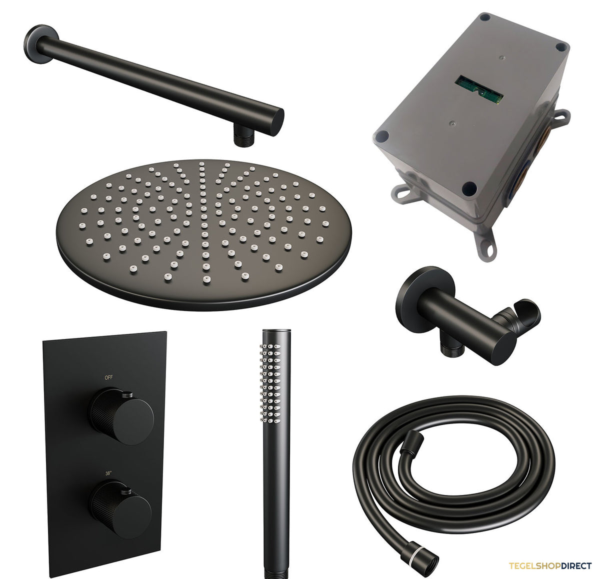 Regendoucheset Inbouw Brauer Black Carving Thermostatisch 30cm met 3-Weg Omstelling, Wandarm en Staaf Handdouche Mat Zwart – afbeelding 3