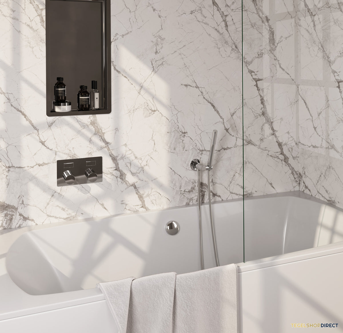 Brauer Stripe thermostatische inbouw badkraan met drukknoppen SET 03 met badvulcombinatie en staaf handdouche en doucheslang en wandaansluitbocht chroom