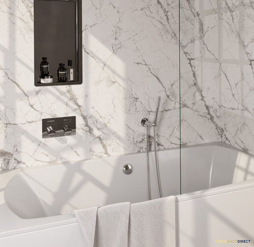 Brauer Stripe thermostatische inbouw badkraan met drukknoppen SET 03 met badvulcombinatie en staaf handdouche en doucheslang en wandaansluitbocht chroom