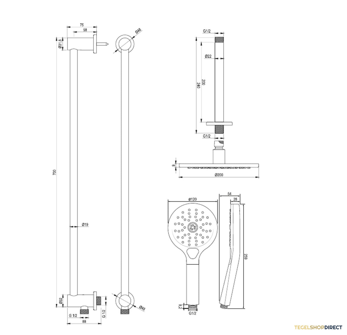 Regendoucheset Inbouw Brauer Chrome Carving Thermostatisch 20cm met Plafondarm, Glijstang en Handdouche 3-Standen Losse Stopkranen Chroom – afbeelding 11