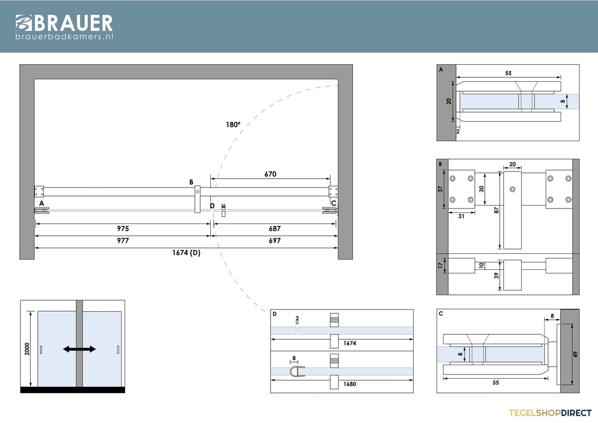 BRAUER Void nisdeur 2-delig helder glas 170x200 omkeerbaar met draaideur 70 aan muur incl. glascoating PVD RVS-kleurig – afbeelding 7