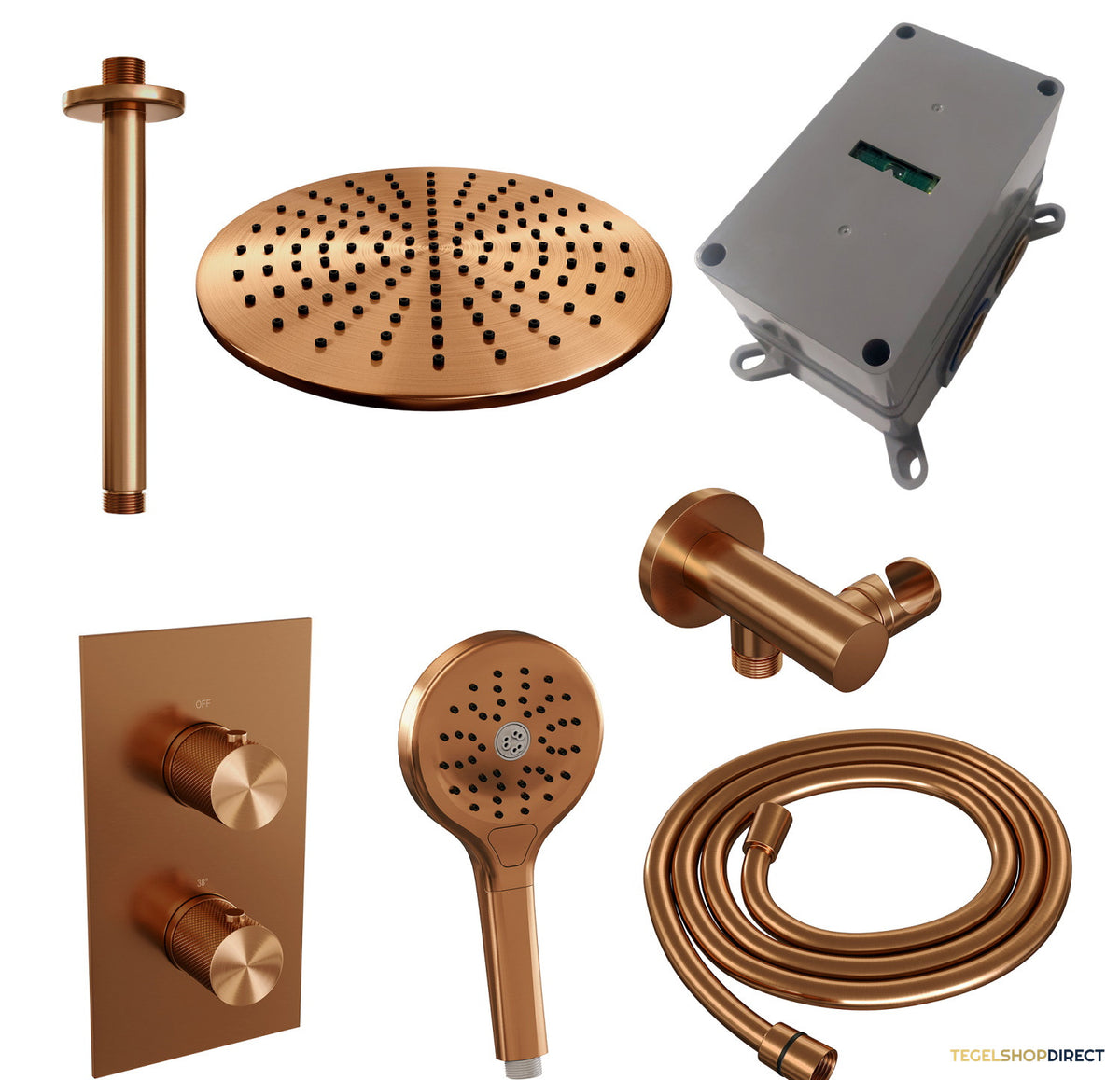 Regendoucheset Inbouw Brauer Copper Carving Thermostatisch 30cm met 3-Weg Omstelling, Plafondarm en 3-Standen Handdouche Geborsteld Koper – afbeelding 5