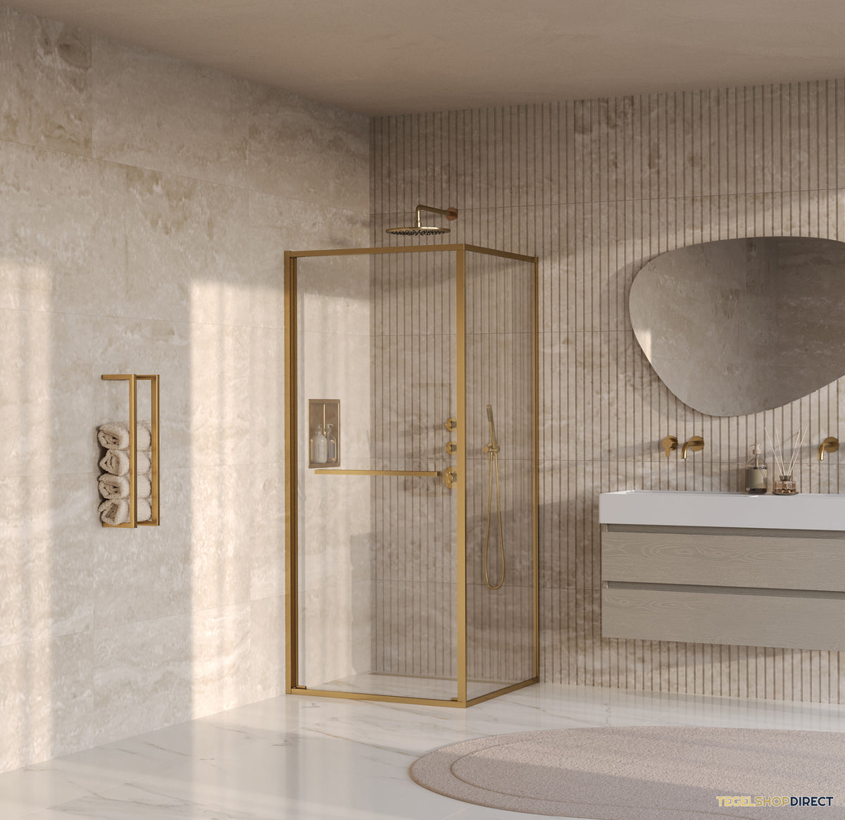 BRAUER Luminis Douchecabine 2-Delig Naar Binnen Draaiend 90x90x200 Omkeerbaar Helder Glas Incl. Glascoating PVD Goud Geborsteld – afbeelding 2