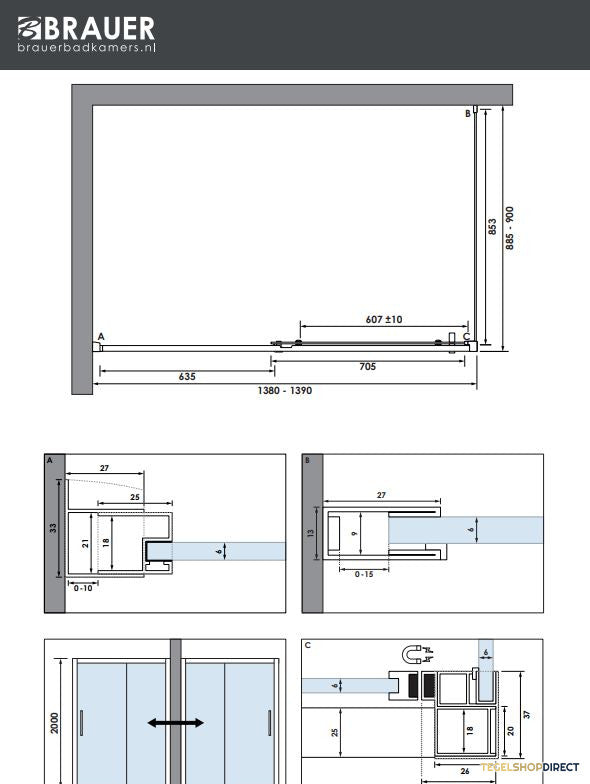 BRAUER Season douchecabine model B met schuifdeur helder glas 140x90x200 omkeerbaar incl. glascoating Season-Koper – afbeelding 4
