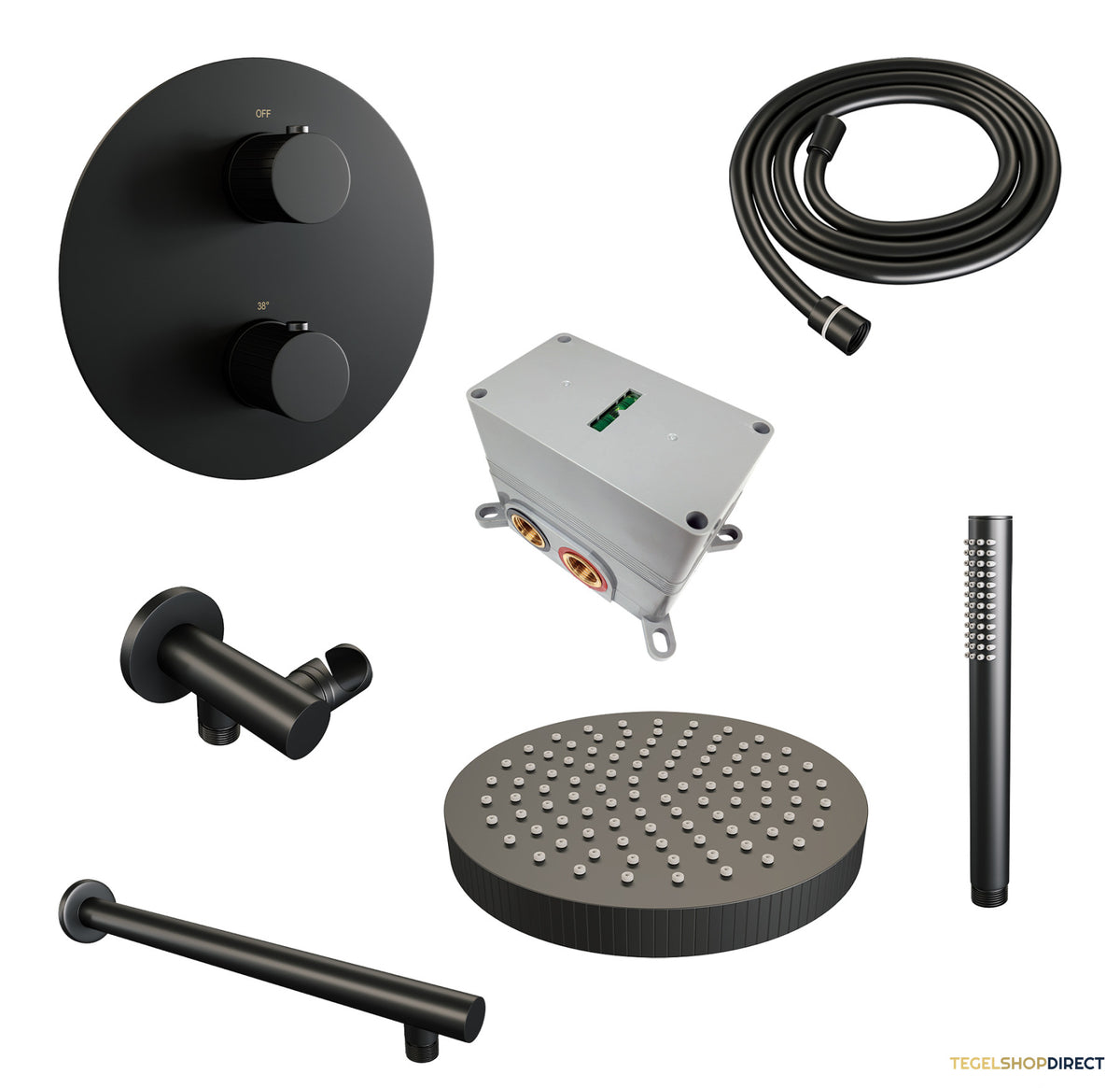 Brauer Stripe thermostatische inbouw regendouche 3-weg rond SET 37 met 25 cm douchekop en rechte muurarm en staaf handdouche en doucheslang en wandaansluitbocht mat zwart – afbeelding 3