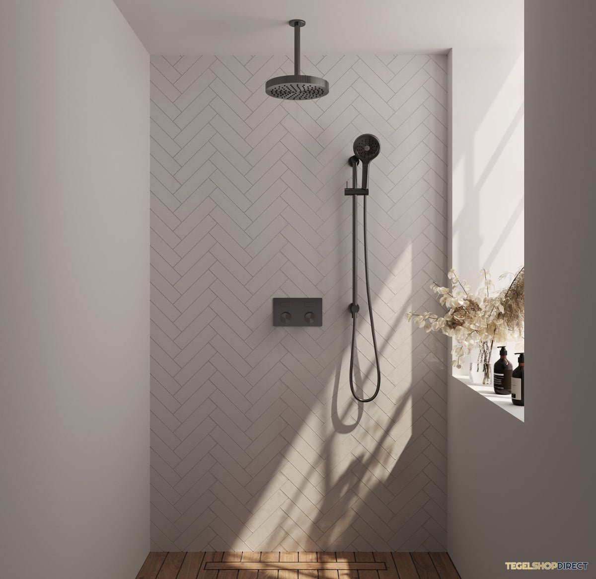 Brauer Stripe thermostatische inbouw regendouche met drukknoppen SET 36 met 25 cm douchekop en plafondarm en 3-standen handdouche en doucheslang en geintegreerde glijstang gunmetal geborsteld PVD – afbeelding 2