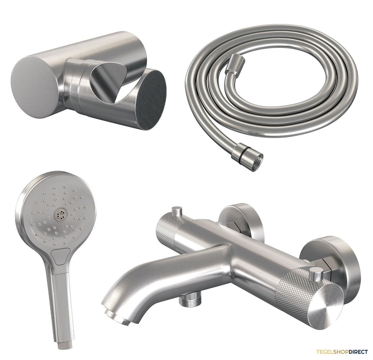 Opbouwset Bad- en Douchekraan Brauer Brushed Carving Thermostatisch Met Wandhouder En Handdouche 3 Standen Geborsteld RVS – afbeelding 2
