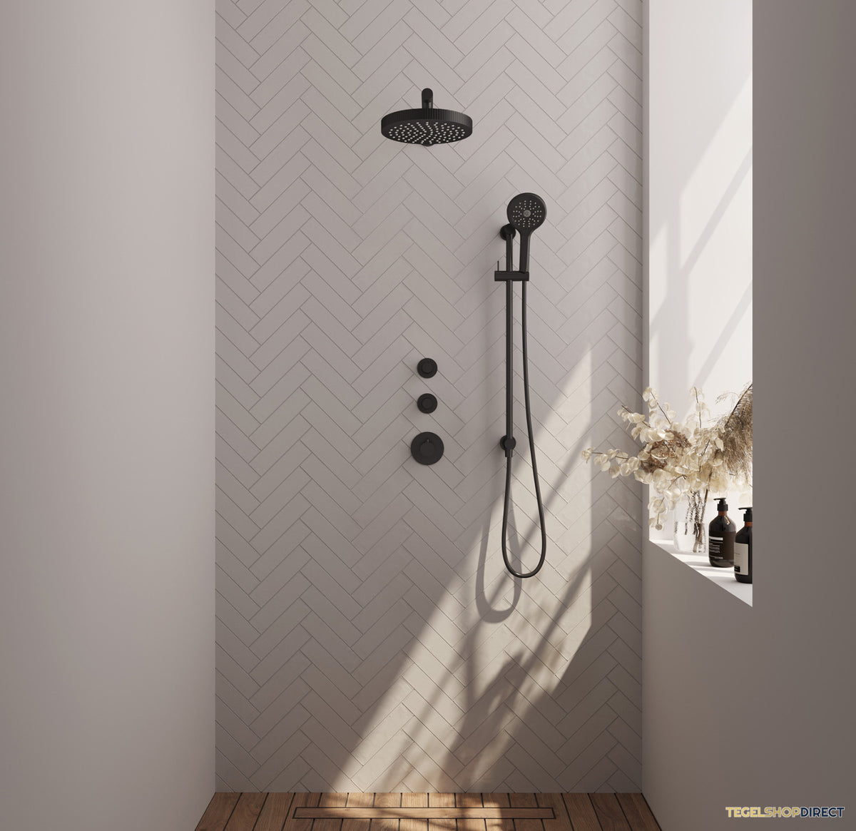 Brauer Stripe thermostatische inbouw regendouche SET 10 met 25 cm douchekop en rechte muurarm en 3-standen handdouche en doucheslang en geintegreerde glijstang mat zwart – afbeelding 2