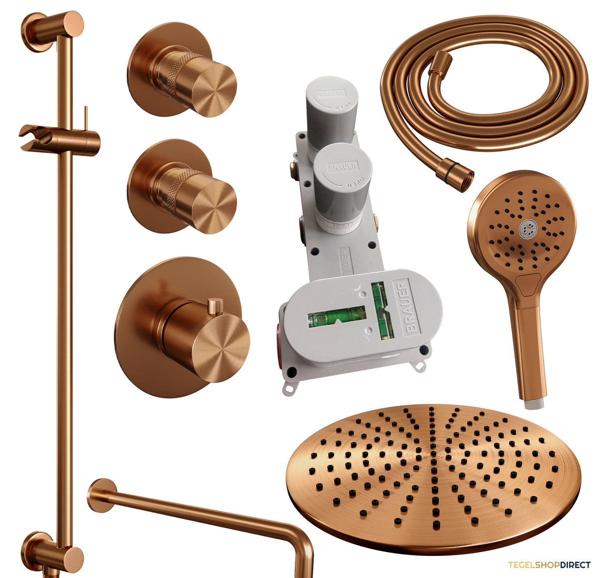 Inbouw Regendouche Set Brauer Copper Edition Gebogen Wanduitloop Ronde Hoofddouche 30 cm Met Twee Stopkranen Glijstang en Handdouche 3 Standen Koper – afbeelding 4