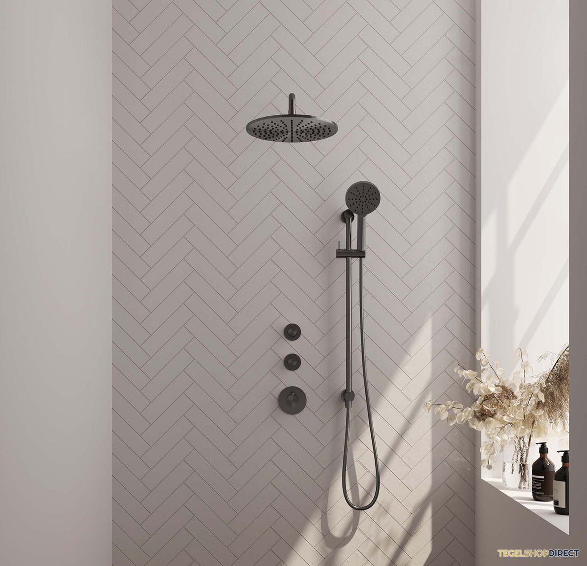Regendoucheset Inbouw Brauer Gunmetal Carving Thermostatisch 30cm met Gebogen Wandarm, Glijstang en Handdouche 3-Standen Geborsteld Gunmetal