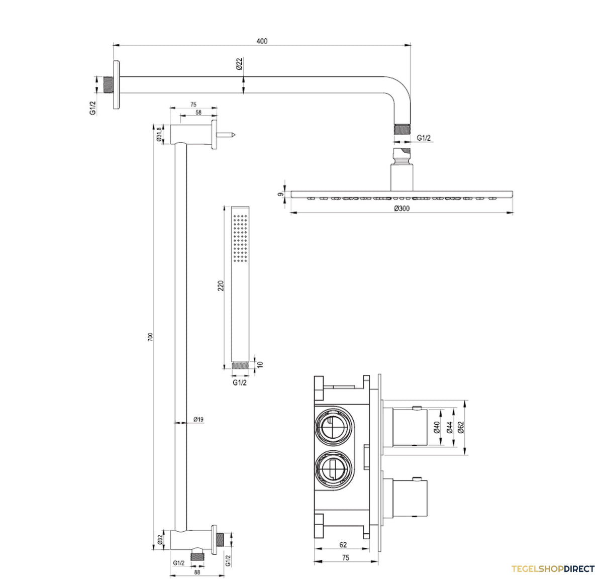 Regendoucheset Inbouw Brauer Gold Edition Thermostatisch 30cm met 3-Weg Omstelling, Gebogen Wandarm, Glijstang en Staaf Handdouche Geborsteld Goud – afbeelding 10