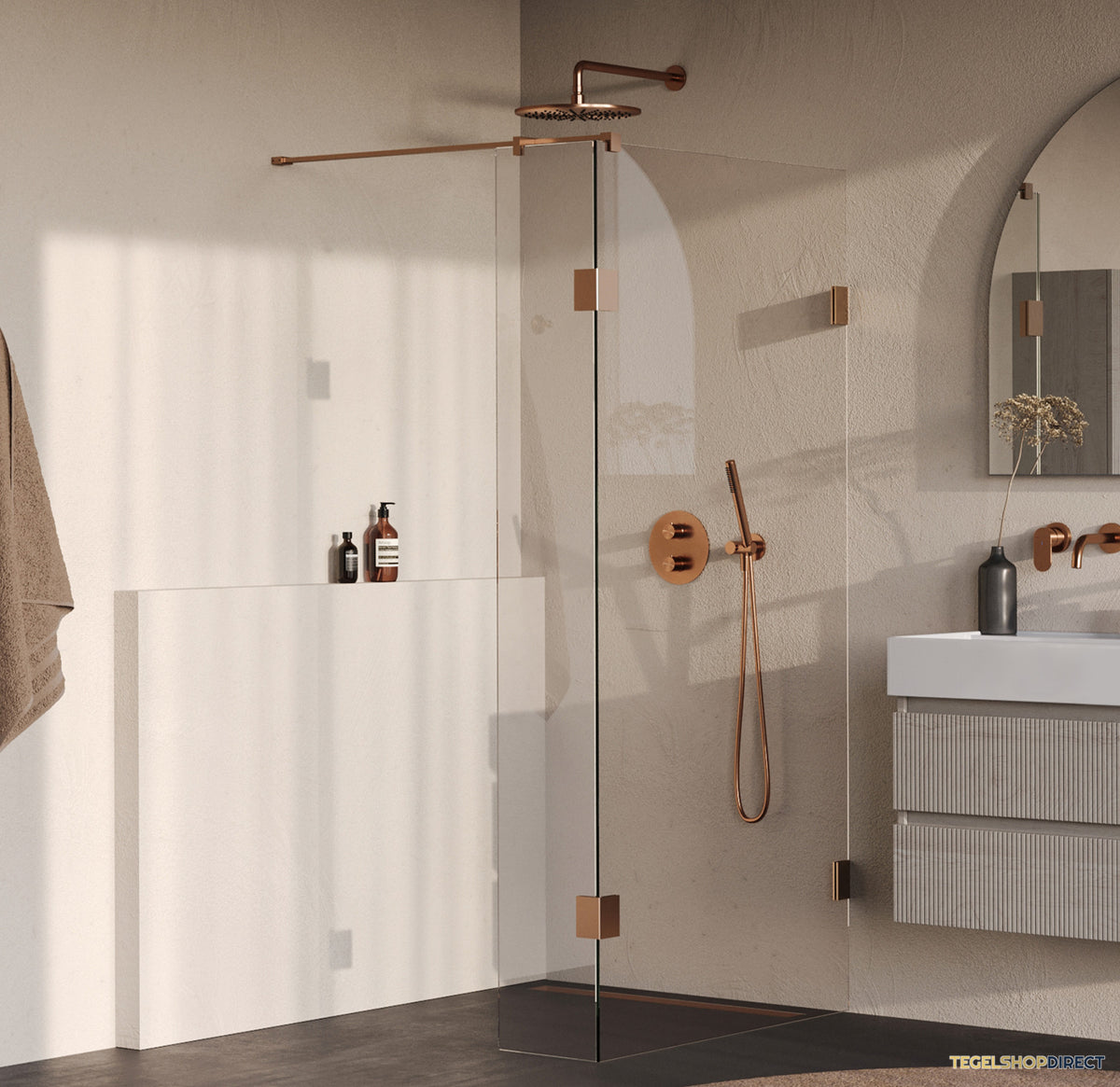 BRAUER Void inloopdouche helder glas 90x200 met 40 zijwand incl. glascoating PVD koper geborsteld