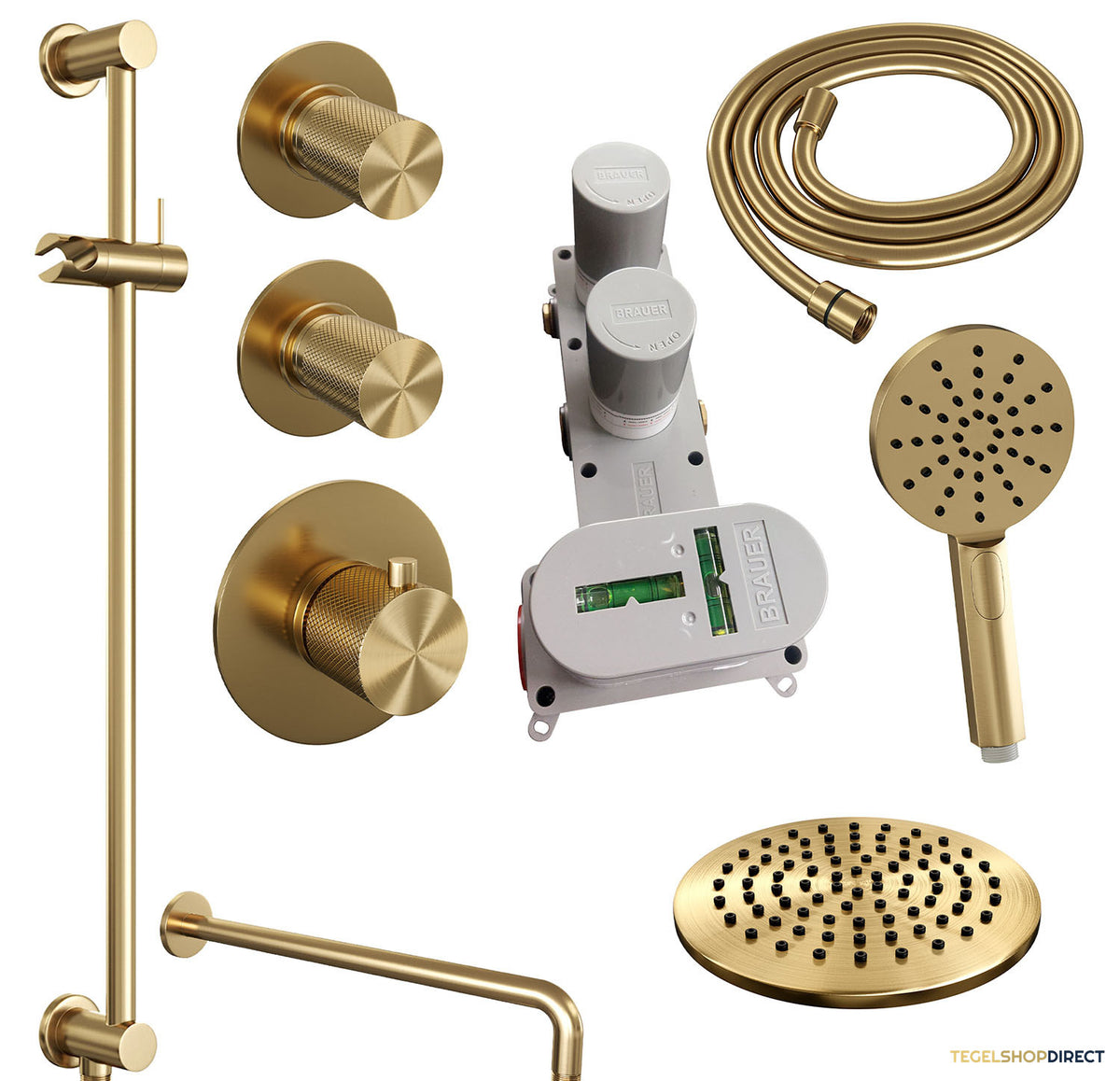 Regendoucheset Inbouw Brauer Gold Carving Thermostatisch 20cm met Gebogen Wandarm, Glijstang en Handdouche 3-Standen Losse Stopkranen Geborsteld Goud – afbeelding 4