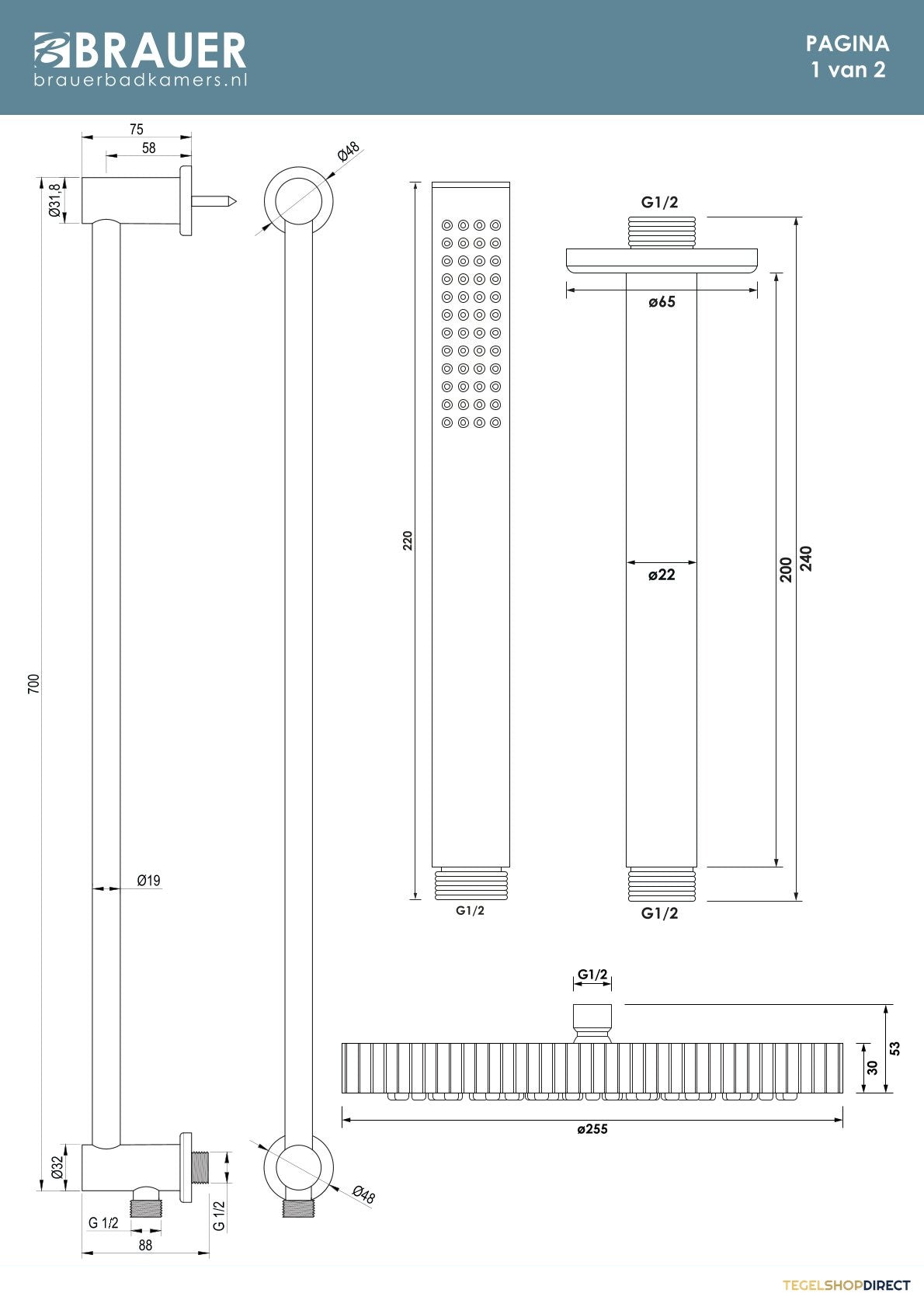 Brauer Stripe thermostatische inbouw regendouche SET 09 met 25 cm douchekop en plafondarm en staaf handdouche en doucheslang en geintegreerde glijstang mat zwart – afbeelding 9