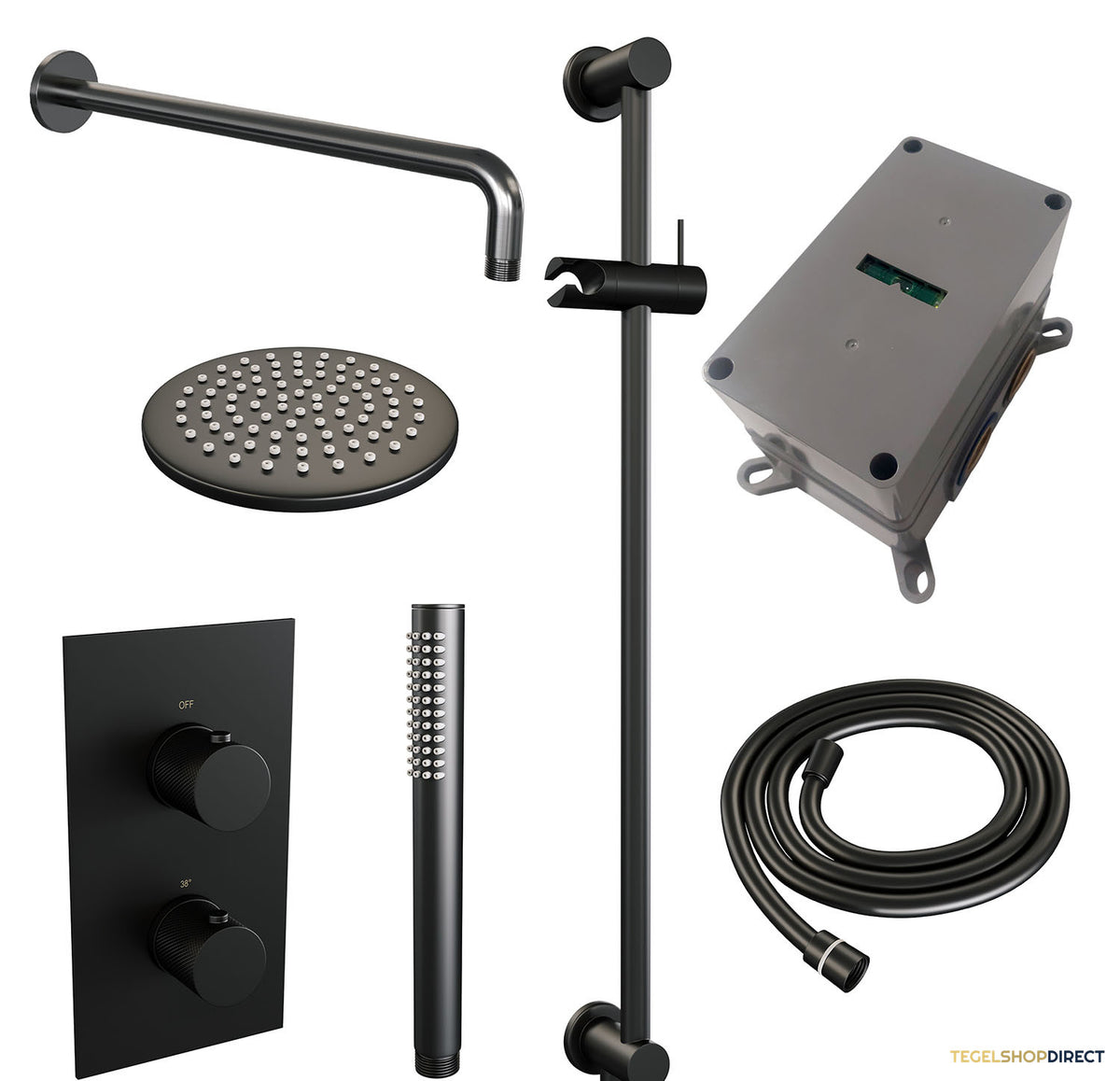 Regendoucheset Inbouw Brauer Black Carving Thermostatisch 20cm met 3-Weg Omstelling, Gebogen Wandarm, Glijstang en Staaf Handdouche Mat Zwart – afbeelding 3
