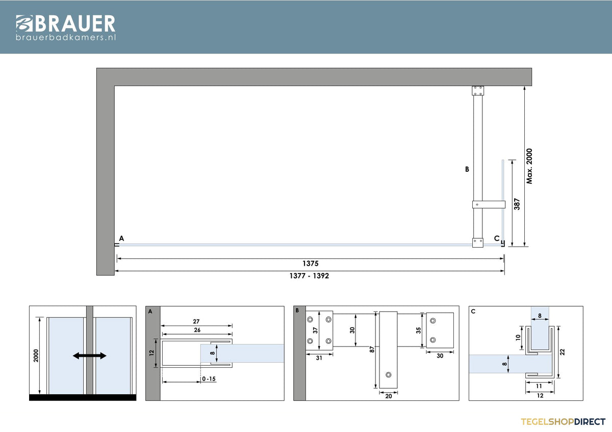 BRAUER Oblivion inloopdouche helder glas 140x200 met zijwand 40 incl. glascoating mat zwart – afbeelding 5