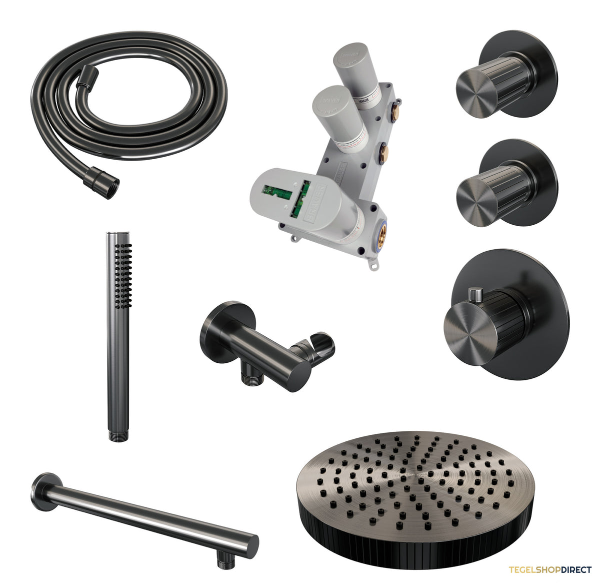 Brauer Stripe thermostatische inbouw regendouche SET 01 met 25 cm douchekop en rechte muurarm en staaf handdouche en doucheslang en wandaansluitbocht gunmetal geborsteld PVD – afbeelding 3