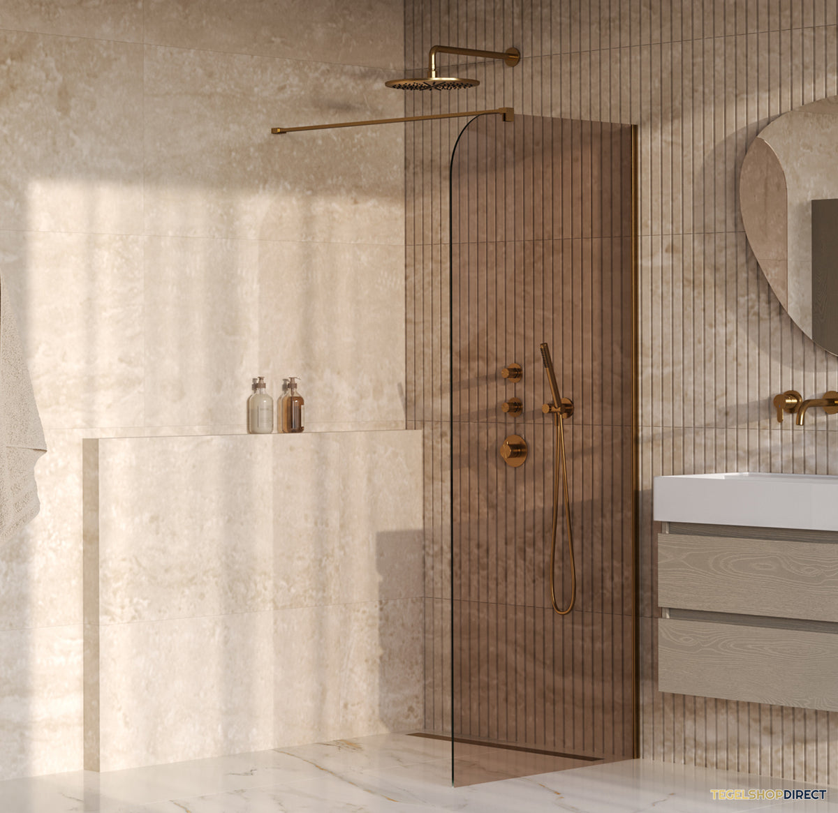 BRAUER Orion inloopdouche brons glas 100x200 incl. glascoating Geborsteld Goud PVD