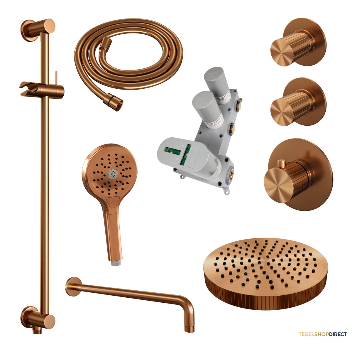 Brauer Stripe thermostatische inbouw regendouche SET 11 met 25 cm douchekop en gebogen muurarm en 3-standen handdouche en doucheslang en geintegreerde glijstang koper geborsteld PVD – afbeelding 3