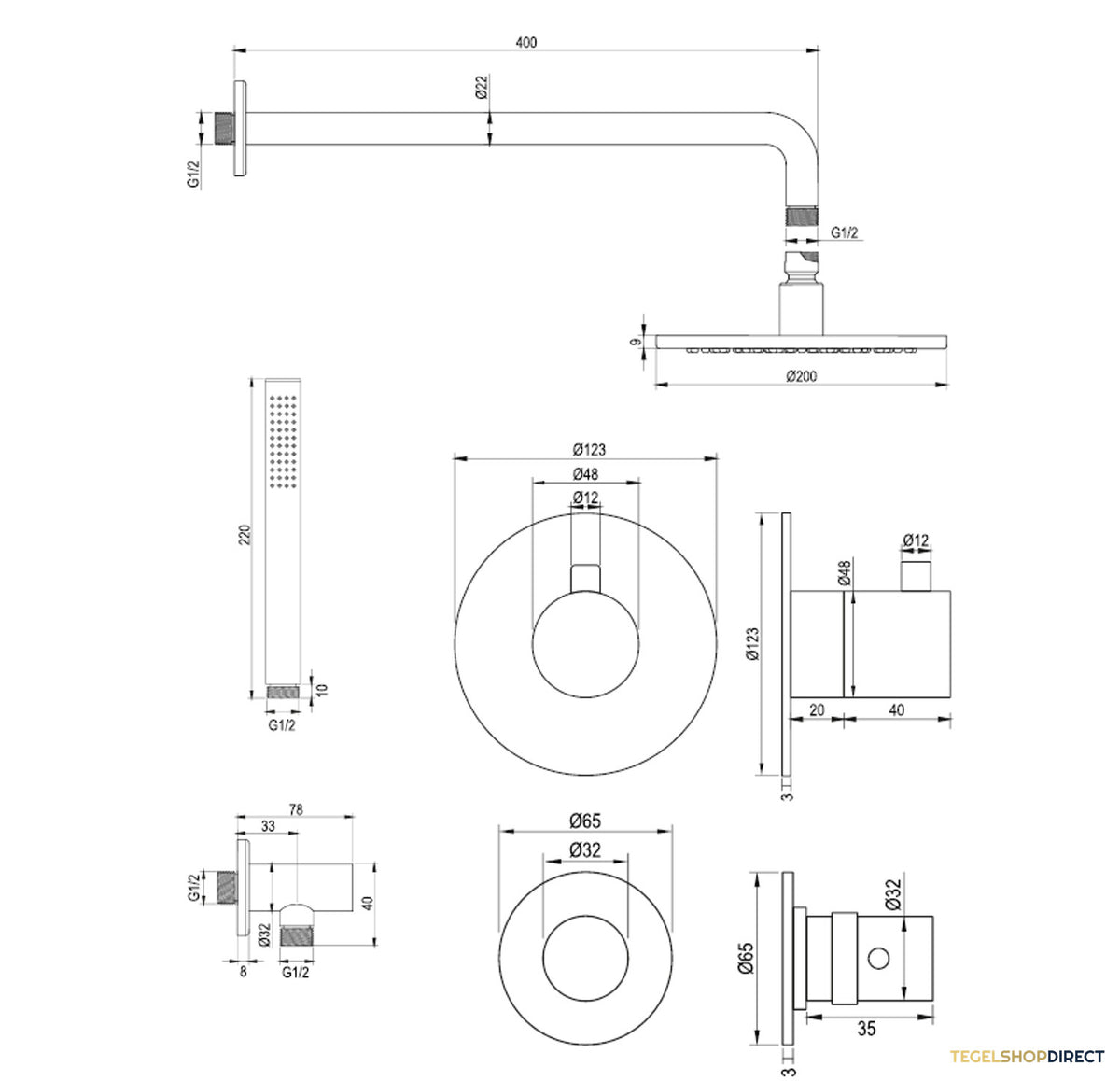 Regendoucheset Inbouw Brauer Chrome Edition Thermostatisch 20cm met Gebogen Wandarm en Handdouche Staaf Losse Stopkranen Chroom – afbeelding 11