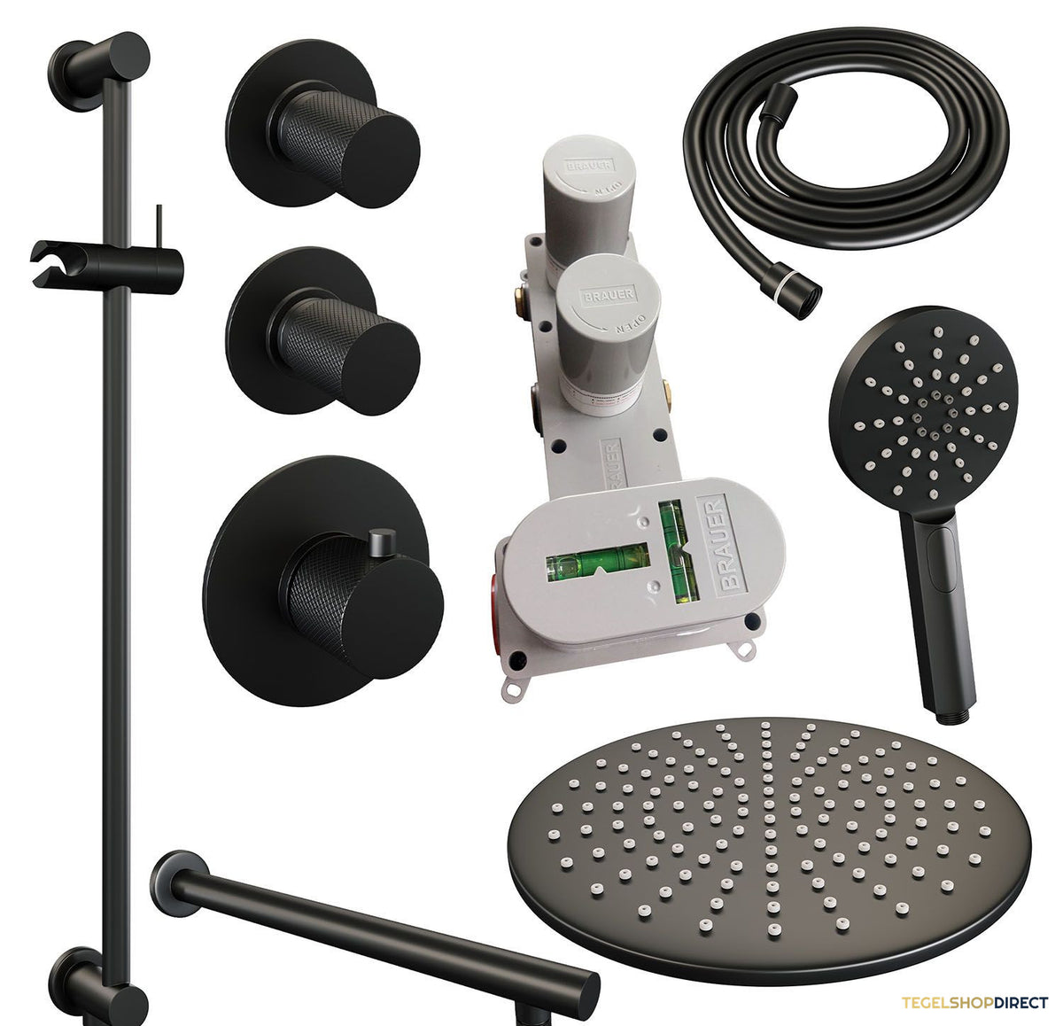 Regendoucheset Inbouw Brauer Black Carving Thermostatisch 30cm met Wandarm, Glijstang en Handdouche 3-Standen Losse Stopkranen Mat Zwart – afbeelding 3