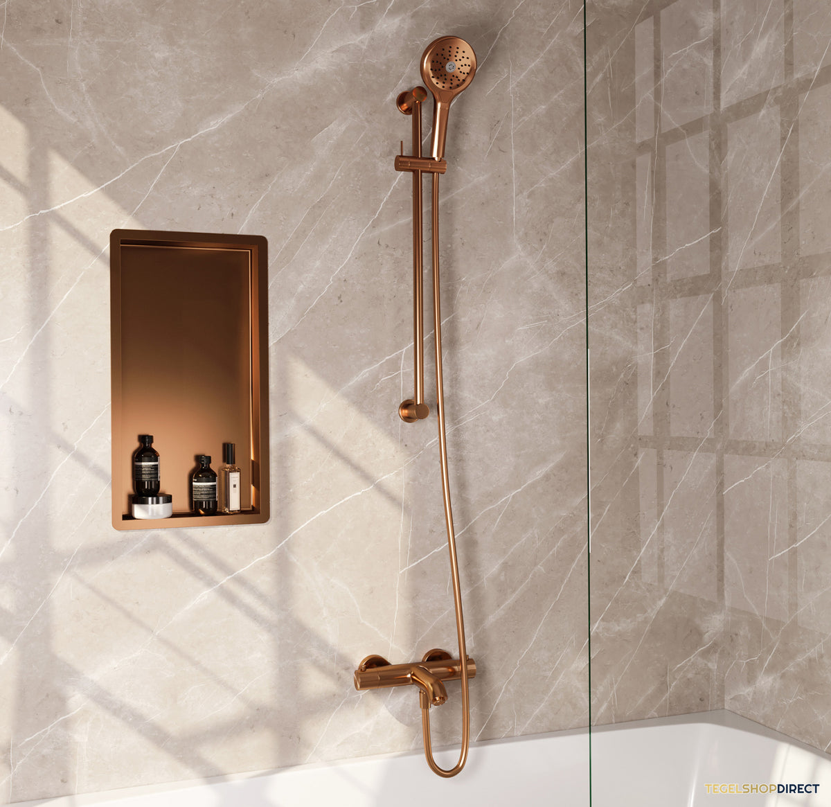 Brauer Stripe opbouw baddouche thermostaatkraan SET 02 met glijstang en 3-standen handdouche en doucheslang koper geborsteld PVD