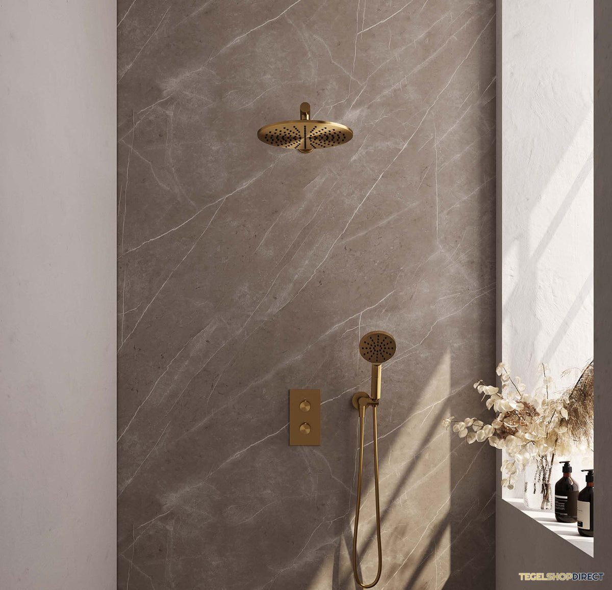 Regendoucheset Inbouw Brauer Gold Edition Thermostatisch 30cm met 3-Weg Omstelling, Wandarm en 3-Standen Handdouche Geborsteld Goud