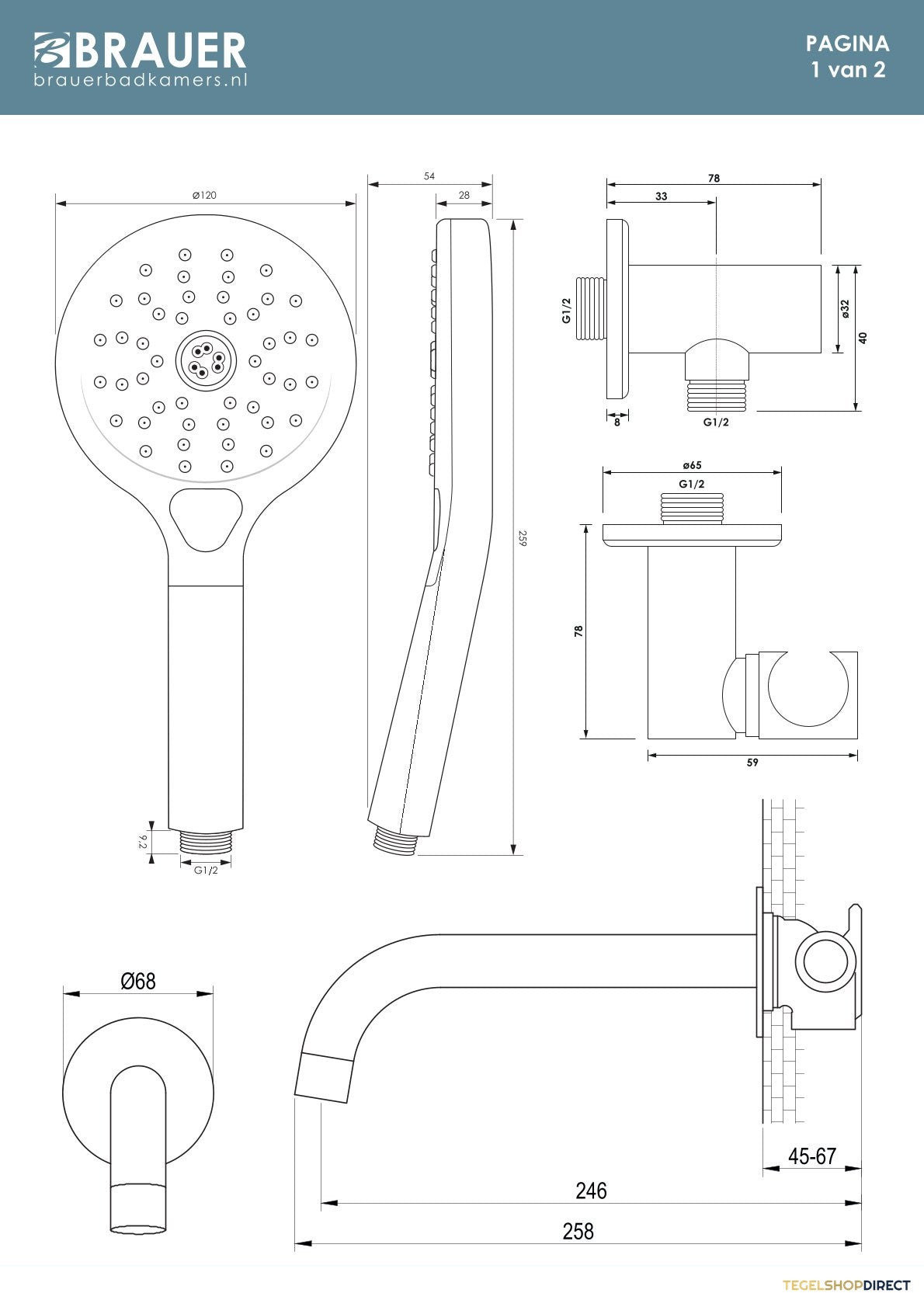 Brauer Stripe thermostatische inbouw badkraan met drukknoppen SET 04 met uitloop en 3-standen handdouche en doucheslang en wandaansluitbocht mat zwart – afbeelding 9