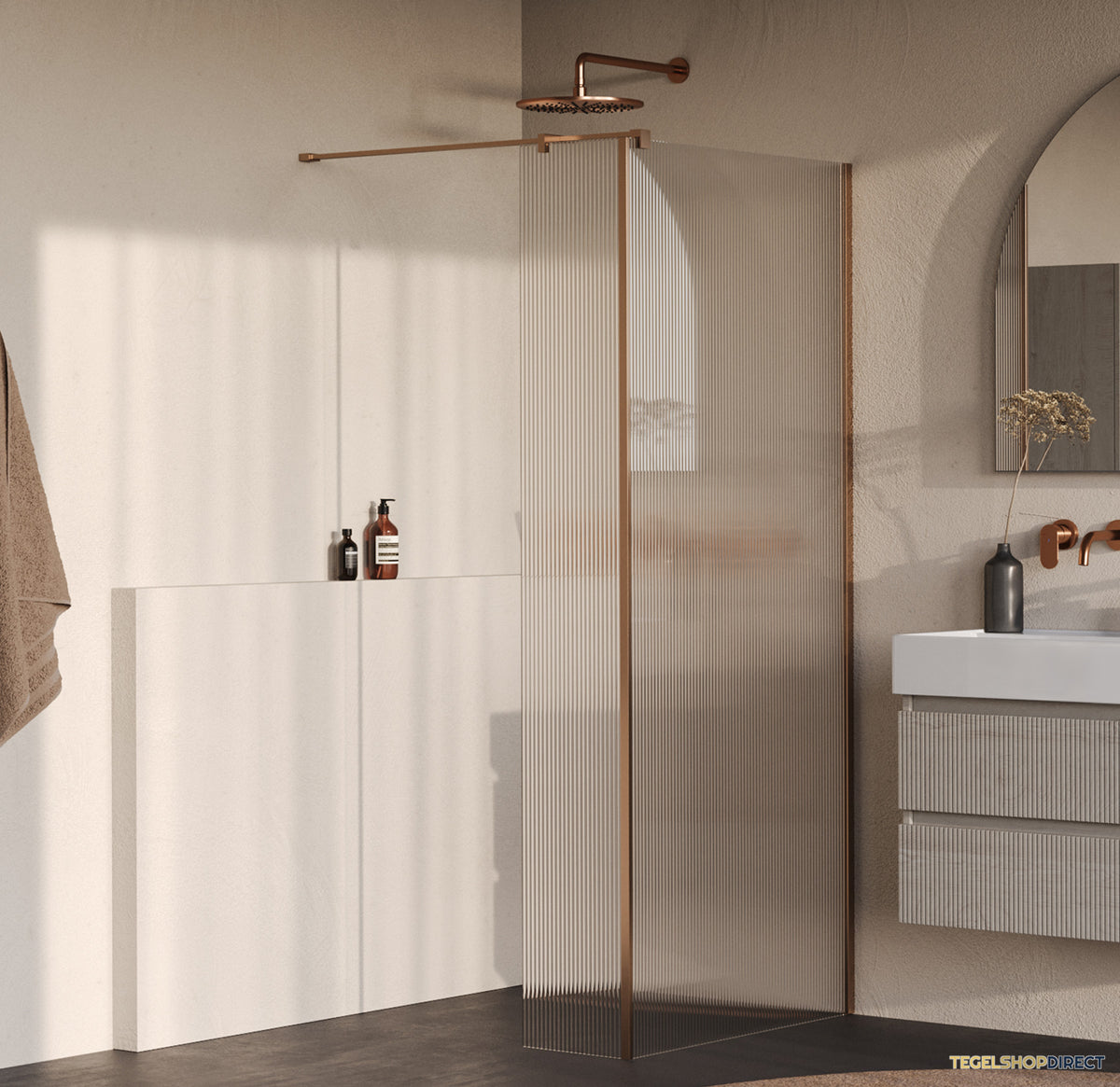 BRAUER Oblivion Flow inloopdouche helder ribbelglas 90x200 met zijwand 30 incl. glascoating Geborsteld Koper PVD