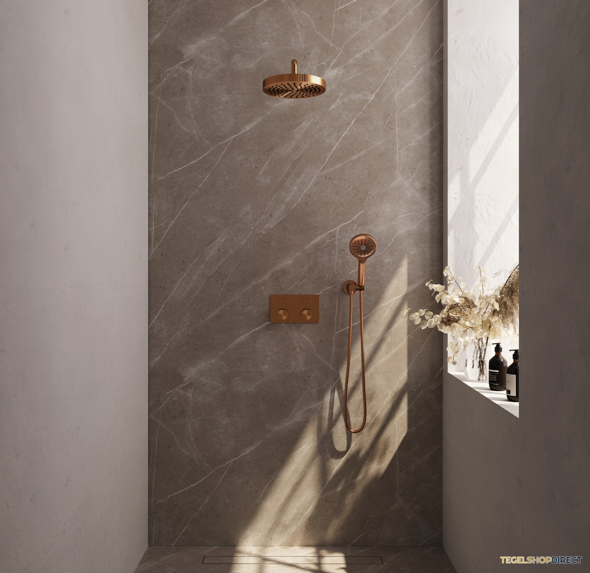 Brauer Stripe thermostatische inbouw regendouche met drukknoppen SET 29 met 25 cm douchekop en gebogen muurarm en 3-standen handdouche en doucheslang en wandaansluitbocht koper geborsteld PVD – afbeelding 2