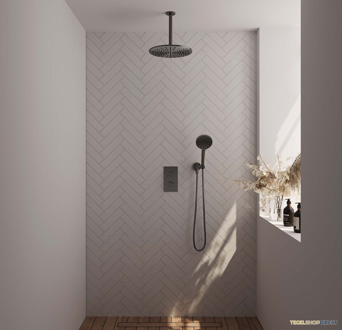 Regendoucheset Inbouw Brauer Gunmetal Carving Thermostatisch 30cm met 3-Weg Omstelling, Plafondarm en 3-Standen Handdouche Geborsteld Gunmetal – afbeelding 2