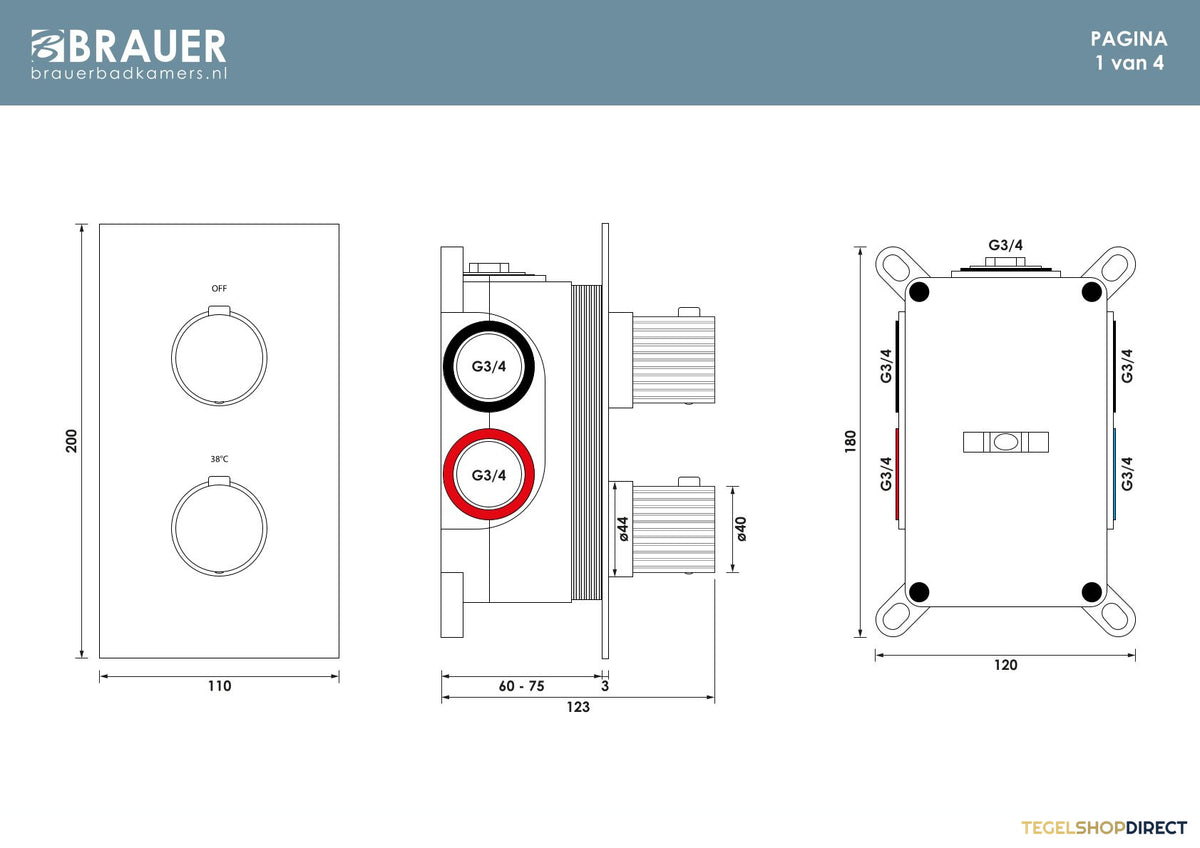 Brauer Stripe thermostatische inbouw regendouche 3-weg rechthoekig SET 24 met 25 cm douchekop en plafondarm en 3-standen handdouche en doucheslang en geintegreerde glijstang mat zwart – afbeelding 9