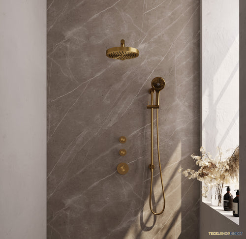 Brauer Stripe thermostatische inbouw regendouche SET 10 met 25 cm douchekop en rechte muurarm en 3-standen handdouche en doucheslang en geintegreerde glijstang goud geborsteld PVD