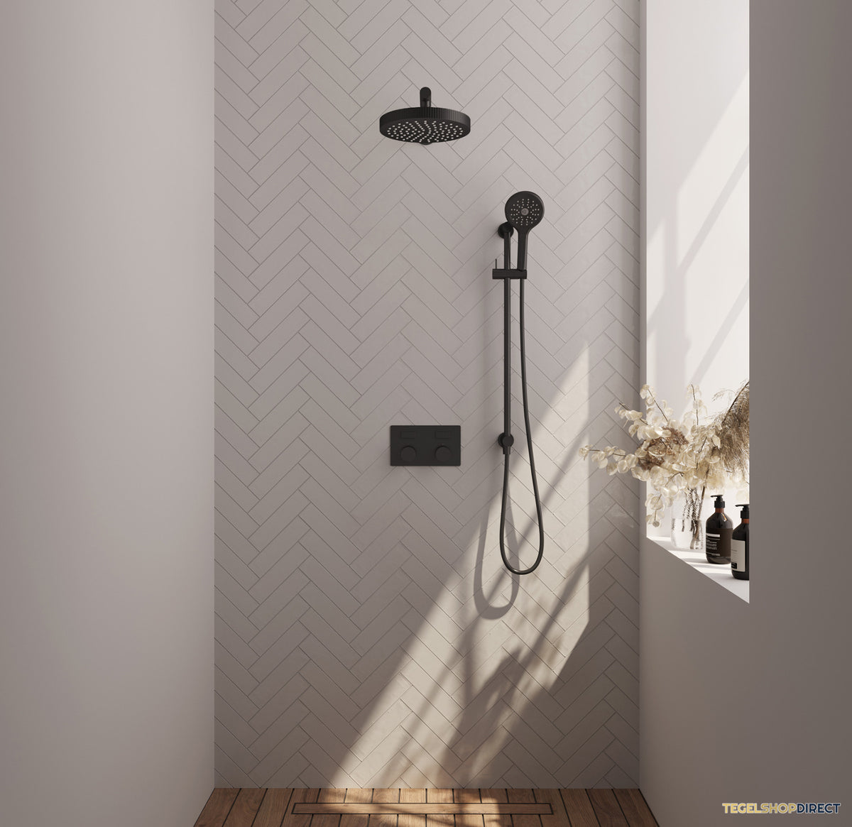 Brauer Stripe thermostatische inbouw regendouche met drukknoppen SET 34 met 25 cm douchekop en rechte muurarm en 3-standen handdouche en doucheslang en geintegreerde glijstang mat zwart – afbeelding 2