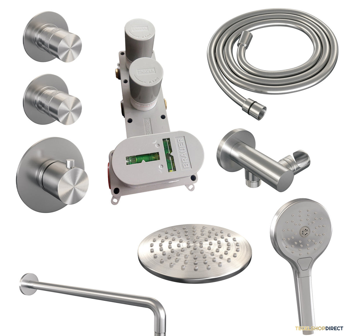 Inbouw Regendouche Set Brauer Brushed Edition Gebogen Wanduitloop Ronde Hoofddouche 20 cm Met Twee Stopkranen en Handdouche 3 Standen RVS Look – afbeelding 4