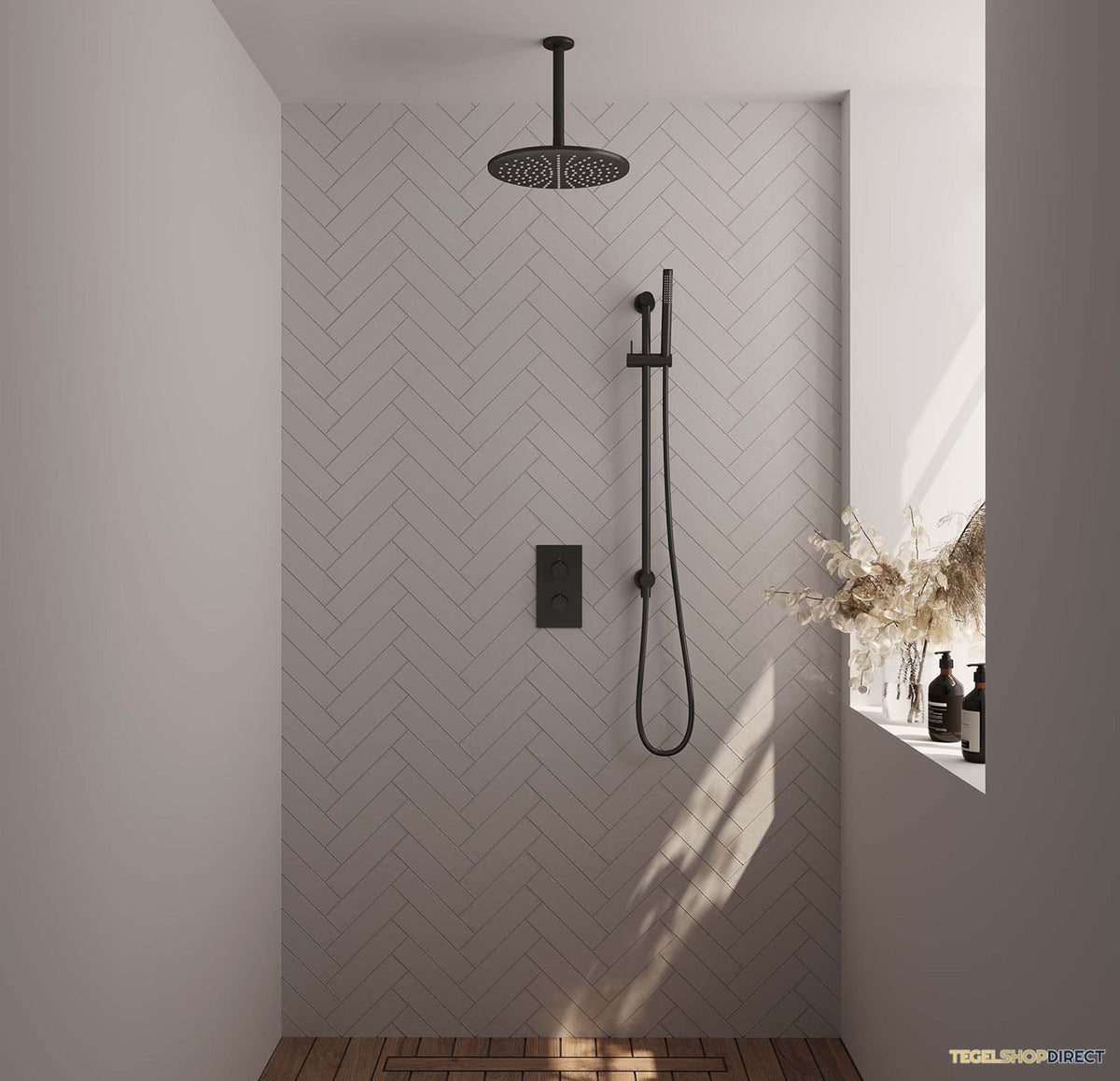 Regendoucheset Inbouw Brauer Black Carving Thermostatisch 30cm met 3-Weg Omstelling, Plafondarm, Glijstang en Staaf Handdouche Mat Zwart – afbeelding 2