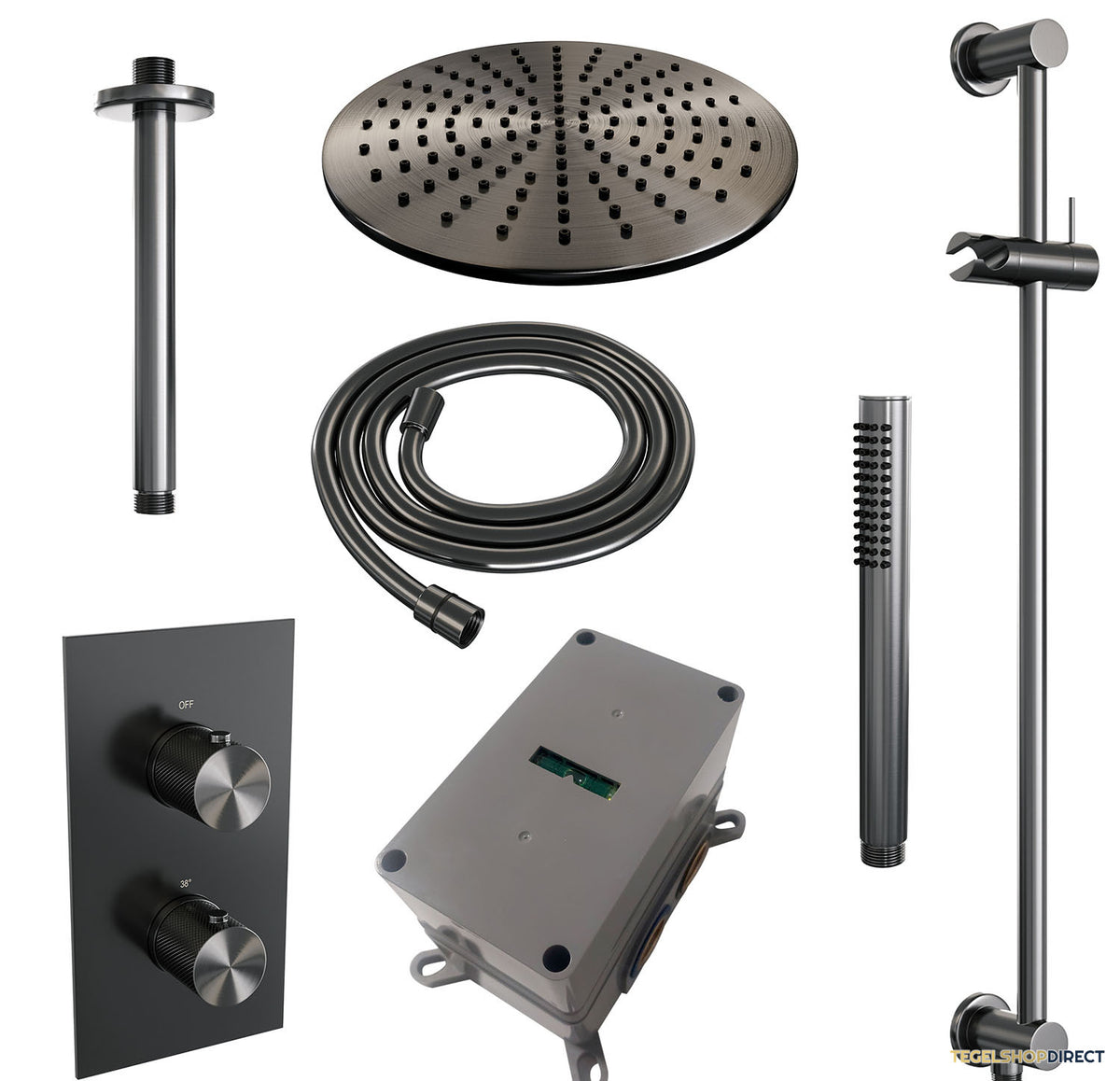 Regendoucheset Inbouw Brauer Gunmetal Carving Thermostatisch 30cm met 3-Weg Omstelling, Plafondarm, Glijstang en Staaf Handdouche Geborsteld Gunmetal – afbeelding 4