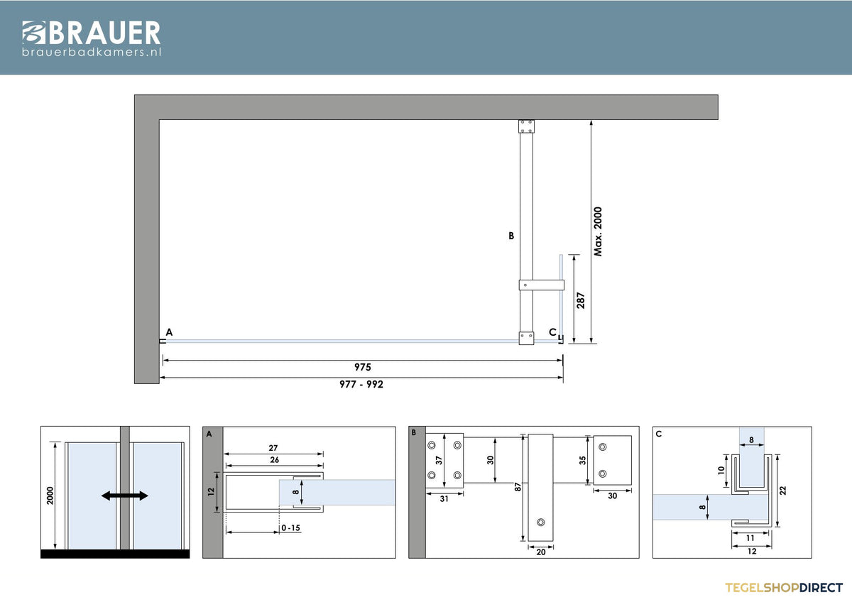 BRAUER Oblivion inloopdouche helder glas 100x200 met zijwand 30 incl. glascoating mat zwart – afbeelding 5