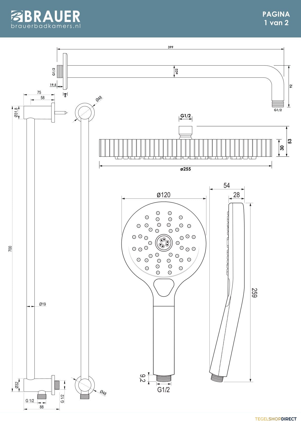 Brauer Stripe thermostatische inbouw regendouche SET 11 met 25 cm douchekop en gebogen muurarm en 3-standen handdouche en doucheslang en geintegreerde glijstang RVS-kleurig geborsteld PVD – afbeelding 9
