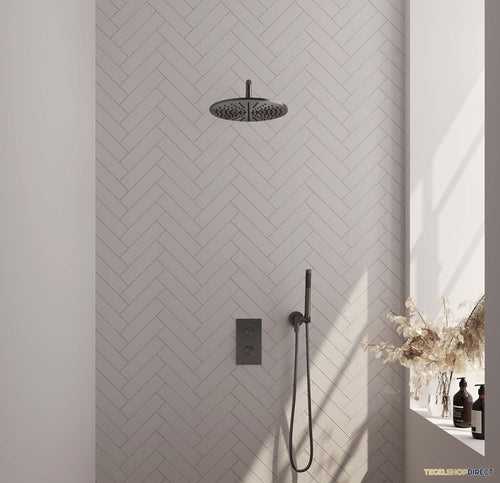 Regendoucheset Inbouw Brauer Gunmetal Carving Thermostatisch 30cm met 3-Weg Omstelling, Gebogen Wandarm en Staaf Handdouche Geborsteld Gunmetal
