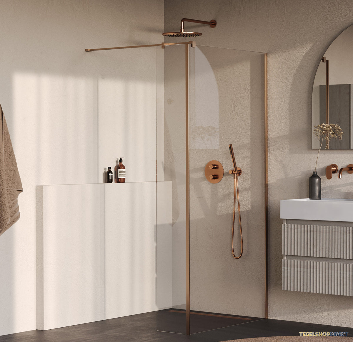 BRAUER Oblivion inloopdouche helder glas 100x200 met zijwand 40 incl. glascoating PVD koper geborsteld