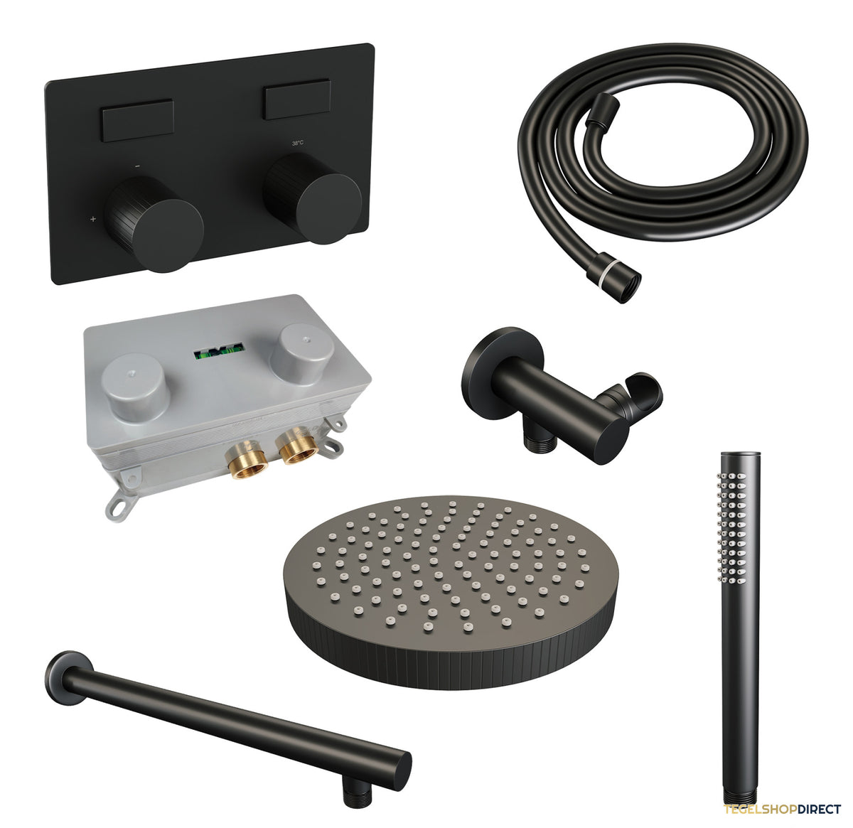 Brauer Stripe thermostatische inbouw regendouche met drukknoppen SET 25 met 25 cm douchekop en rechte muurarm en staaf handdouche en doucheslang en wandaansluitbocht mat zwart – afbeelding 3