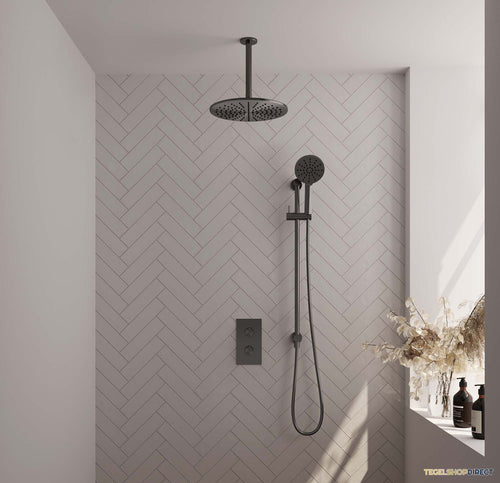 Regendoucheset Inbouw Brauer Gunmetal Carving Thermostatisch 30cm met 3-Weg Omstelling, Plafondarm, Glijstang en Handdouche 3-Standen Geborsteld Gunmetal