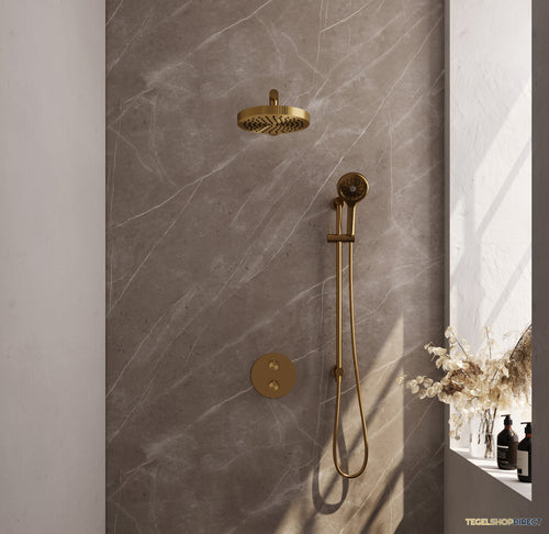 Brauer Stripe thermostatische inbouw regendouche 3-weg rond SET 46 met 25 cm douchekop en rechte muurarm en 3-standen handdouche en doucheslang en geintegreerde glijstang goud geborsteld PVD