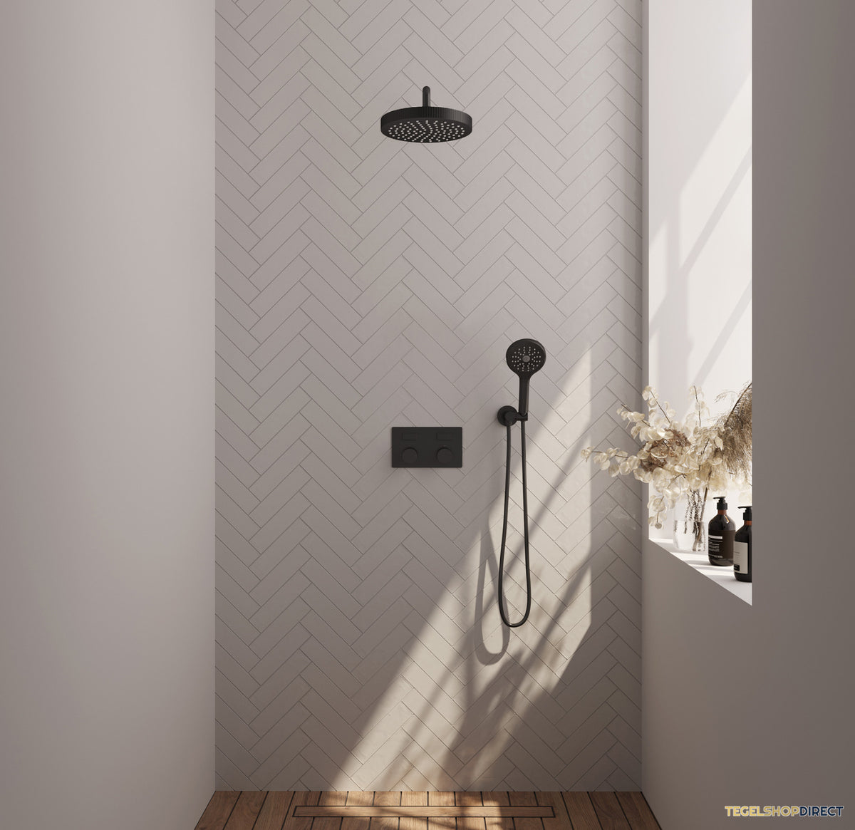 Brauer Stripe thermostatische inbouw regendouche met drukknoppen SET 29 met 25 cm douchekop en gebogen muurarm en 3-standen handdouche en doucheslang en wandaansluitbocht mat zwart – afbeelding 2